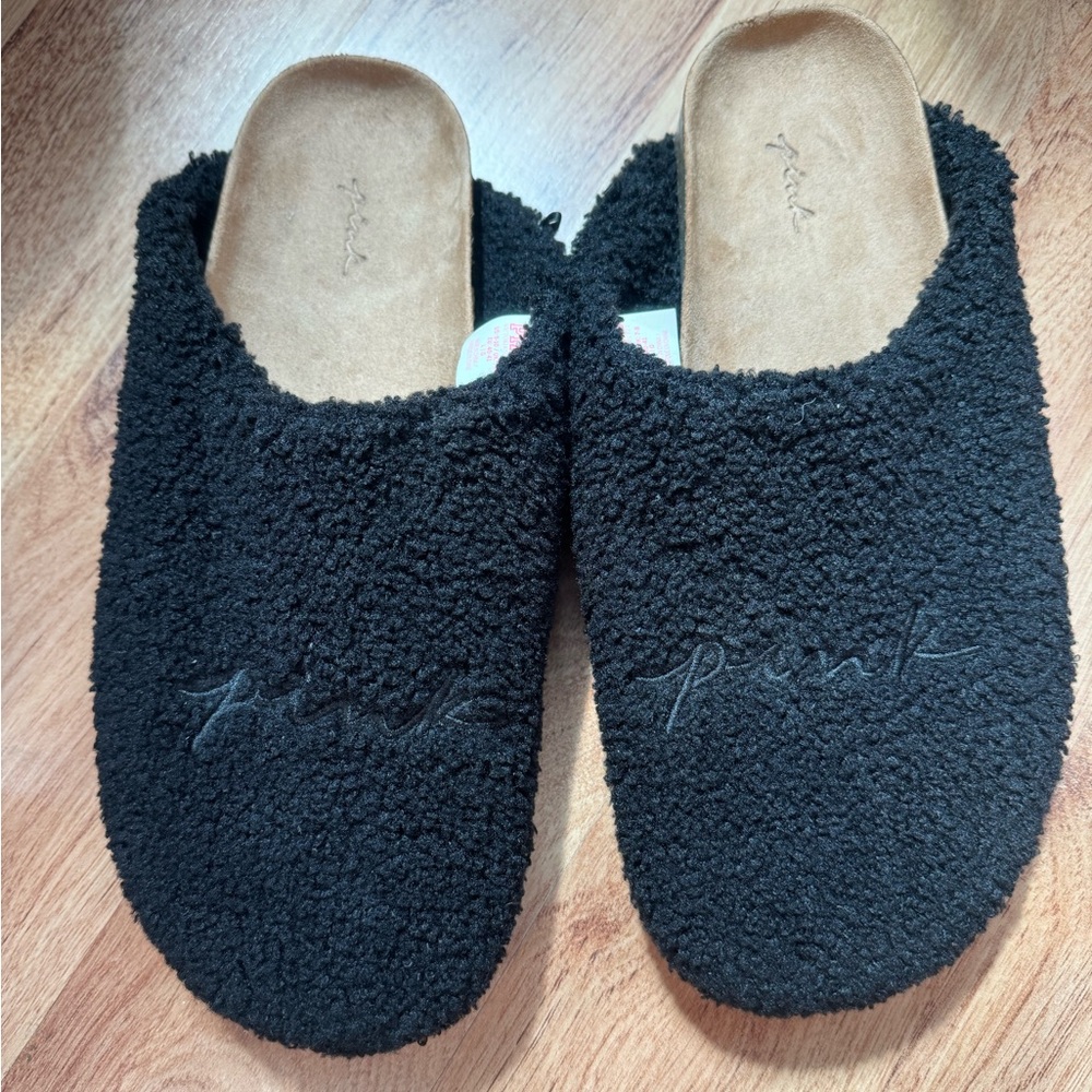 Pink by Victoria Secret black fuzzy slippers. Brand new never worn.
